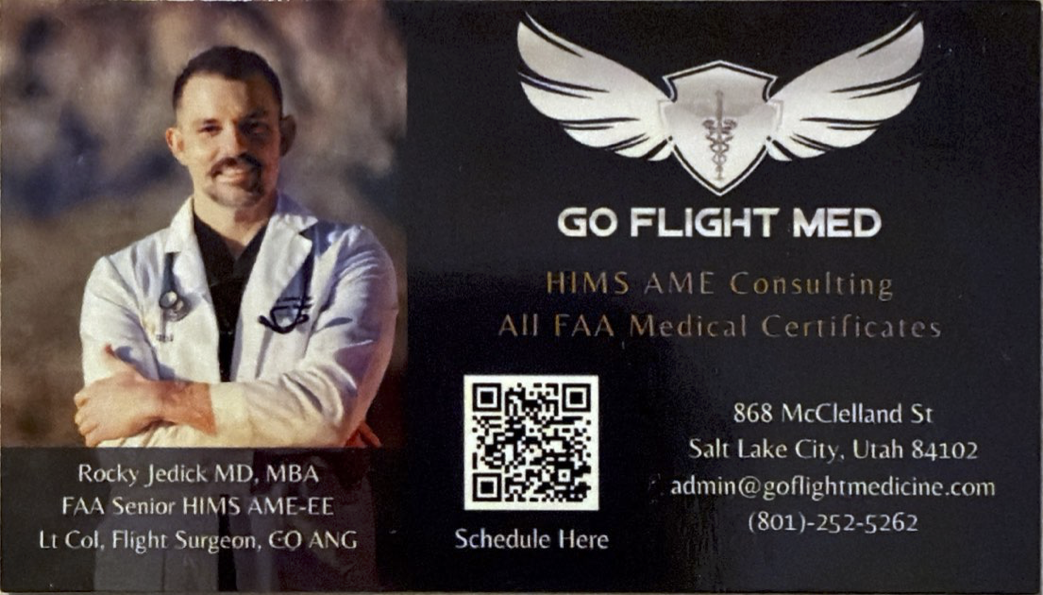 Go Flight Medicine business card — HIMS AME Consulting, All FAA Medical Certificates